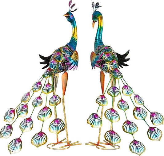 XONOR Metal Peacock Garden Statues Peacock Yard Art Outdoor Sculptures for Home Patio Lawn Backyard Décor, Set of 2
