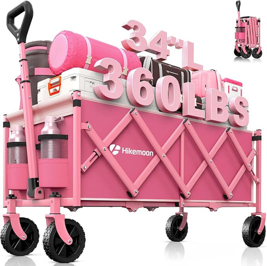 Hikemoon 34'' Extra Long Collapsible Wagons Carts Foldable, 360LBS Heavy Duty Folding Beach Wagon Cart with Wheels, Portable Utility Outdoor Wagon for Grocery, Shopping, Garden, Sports, Camping, Pink