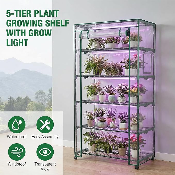 Indoor Greenhouse with Grow Lights & Wheels, 5 Tier Wire Shelf PVC Tent Portable Mini Green House Cabinet Kit for Plant Seed Starting Mushroom Grow (Upgraded)
