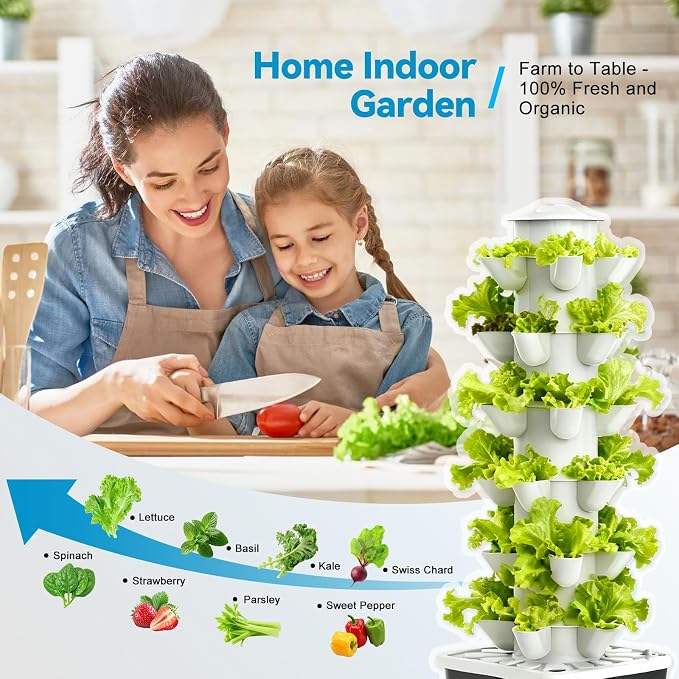 JESLED Hydroponic Tower with 5000K Full-Spectrum Grow Lights, 30 Pods Vertical 6 Tiers Hydroponic Tower, Auto Watering & Lighting for Indoor Herbs, Fruits and Vegetables, High 37"