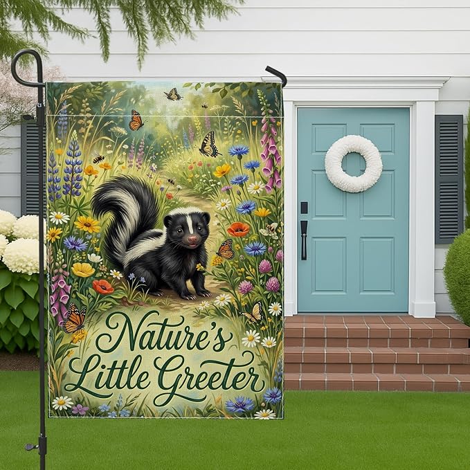 Skunk Garden Flag, Nature Fanciful Butterfly Flowers Spring Green Burlap Double Sided Small Garden Yard Flag for Outdoor Patio Lawn Porch Entrance Campsite 12x18 Inch