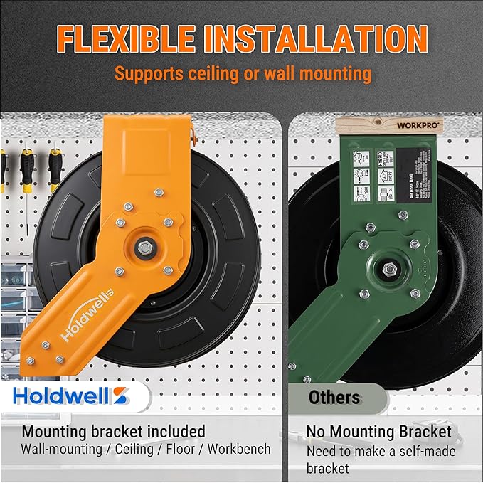 Retractable Air Hose Reel, 1/2" x 50FT Hybrid Air Hose, 300PSI Max, Auto-Rewind & Length-Lock, 1/2" NPT Fitting, Ceiling/Wall Mount Heavy Duty Single Arm Steel Reel for Workshop/Garage
