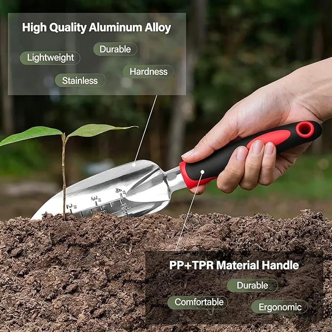 Stainless Steel Garden Tool Set，3 Pieces, Including Hand Shovel & Transplant Shovel & Hand Rake with Non-Slip Soft Ergonomic Handle (red)