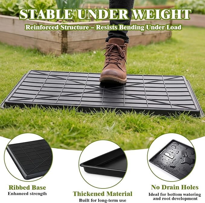 Feekoon 4 Pack Extra Large Plant Saucer Growing Tray - 34" x 22"Seed Starting Trays - Each Fits 3×1020 Trays (Holds 12 Total), Thick Reusable Flats with 100 PVC Plant Labels, Bottom Watering