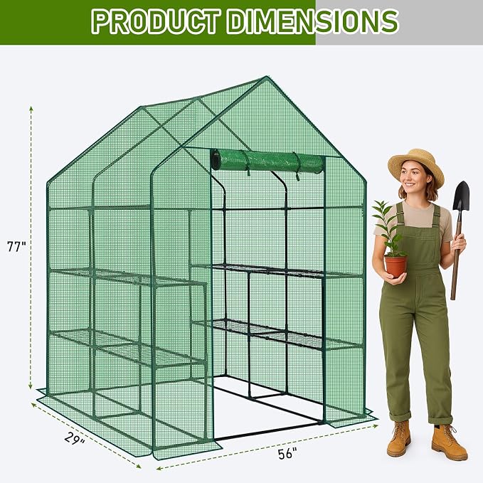 Outvita Walk-in Greenhouse, Outdoor Durable PE Plant Green House for Frost Protection with 3 Tiers 8 Shelves, Shelf Clips, Roll-up Zipper Door, 56"x56"x77" Green