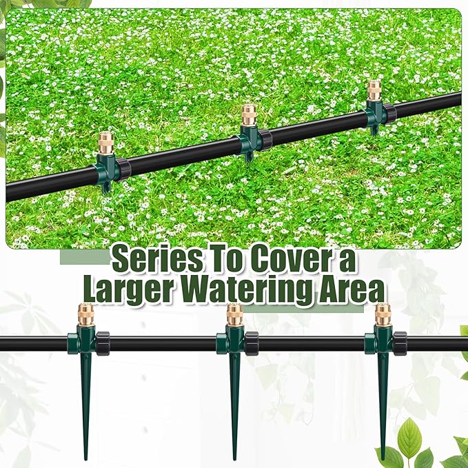 Tioncy 4 Pack Metal Lawn Sprinkler Automatic Garden Water Sprinkler on Spike Base 360 Degree Rotation with Adjustable Brass Nozzle for Lawn Garden Yard(Green)