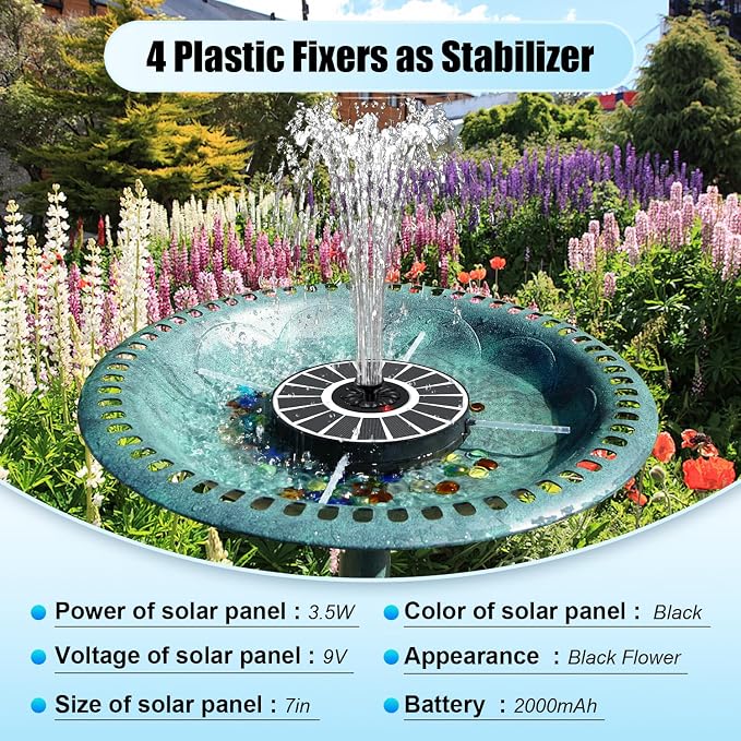 Solar Water Fountain Works in Cloudy Weather,Solar Fountain for Bird Bath 3.5W Faster Conversion Glass Solar Panel,Power Indicator Replaceable Nozzles,Built-in 2000mAh Battery(White Panel)