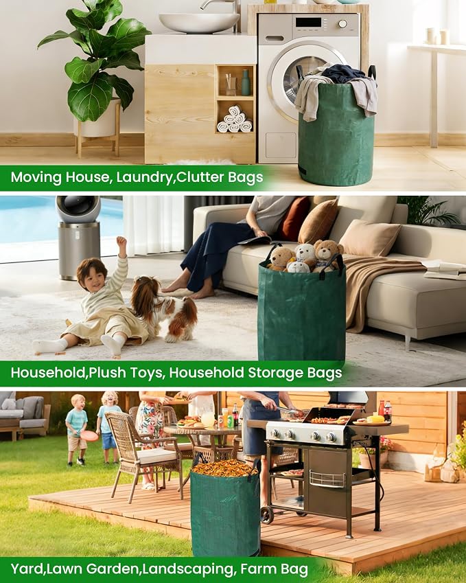 MAZING 3-Pack 72 Gallon Reusable Yard Waste Bags, Heavy Duty Collapsible Garden Leaf Bags with Plastic Ring & Reinforced Handles, Stand-Up Lawn Trash Bags for Debris, Grass Clippings&Camping Recycling