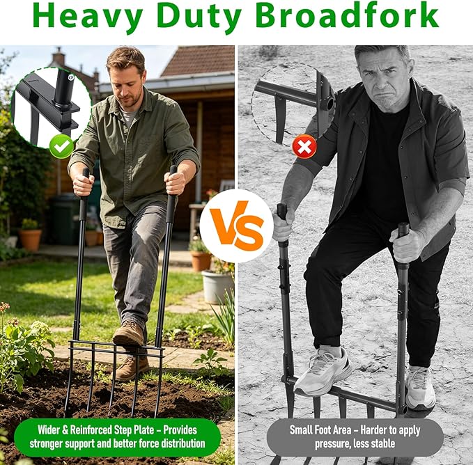 Broadfork, 12" Long 5-Tine Broadfork Gardening Tool for Gardening Cultivation Composting Transplanting Digging Farm Crushing Soil Aeration Garden Fork for Loosening Soil
