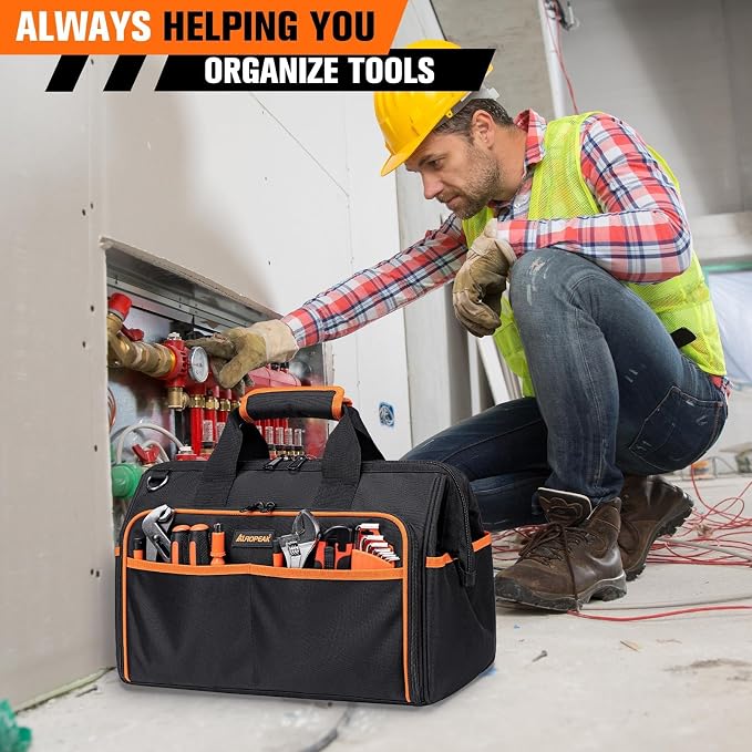 AUROPEAK Heavy Duty Tool Bag 17.3-Inch, 26-Pocket Large Organizer for Men Women with Adjustable Shoulder Strap, Waterproof, Foldable for HVAC Electricians Mechanics Craftsman Contractor