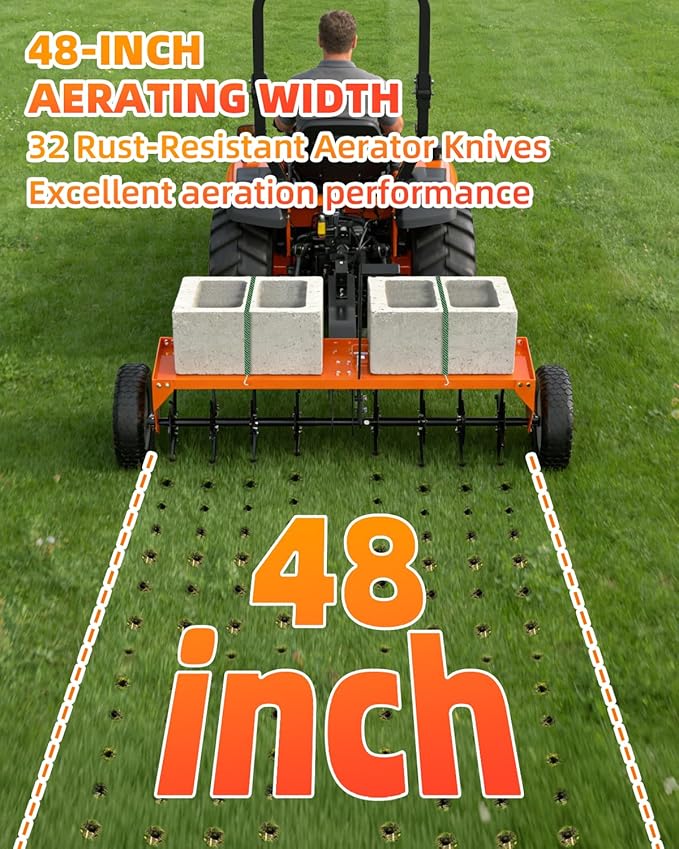 48" Tow Behind Aerator, Pull Behind Lawn Aerator Tool with Universal Hich, 32 Rust-Proof Knives & Heavy-Duty Tires, Plug Aerator for Yard & Garden Compacted Soil, Fits Lawn Tractors, ATV, UTV, Orange