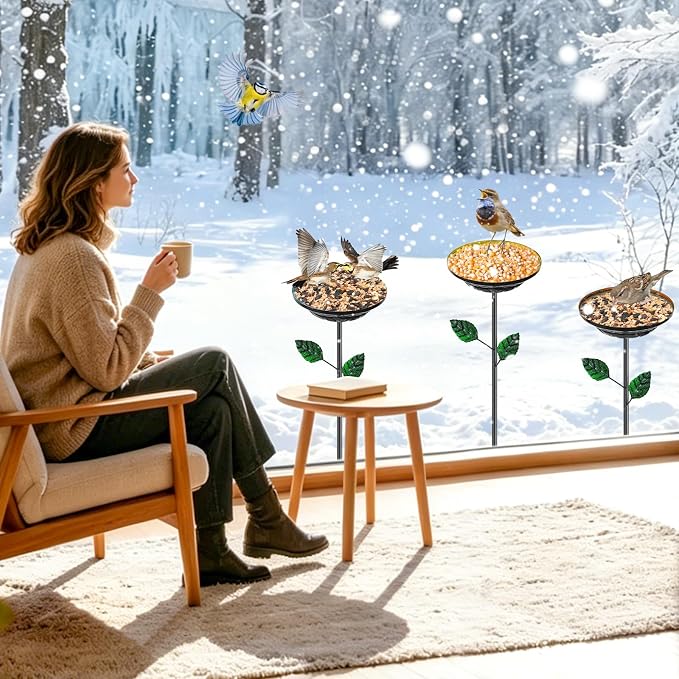 4 PCS Metal Bird Baths for Outdoors, Small Garden Bird Bath with Metal Stake, Hummingbird Feeder for Yard Lawn Decoration (Retro Double Color Splicing)