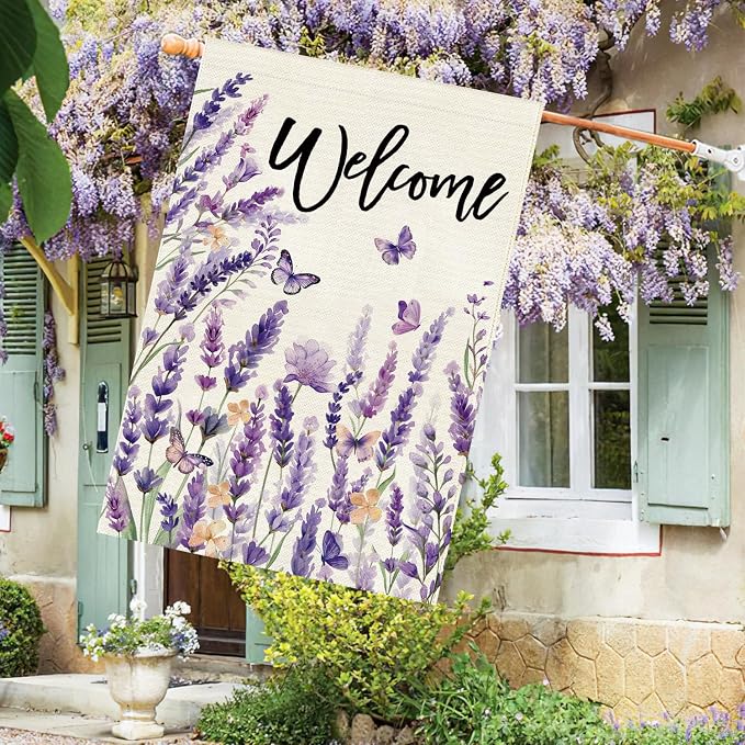 Baccessor Spring Welcome Lavender House Flag 28 x 40 Inch Vertical Double Sided Burlap Butterfly Purple Floral Flower Farmhouse Large Flag Holiday Seasonal Porch Outdoor Outside Decoration