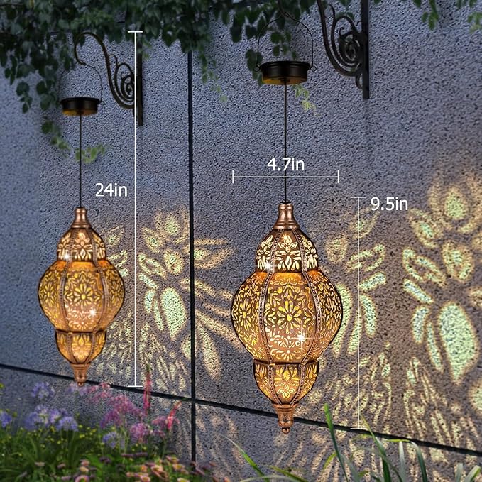 Hanging Solar Lantern Outdoor Decor 2Pack, 9.5In Moroccan LED Lights for Outside Garden Decorations, Waterproof Solar Lanterns Garden Gifts for Mom, Women, Patio, Yard (Copper)