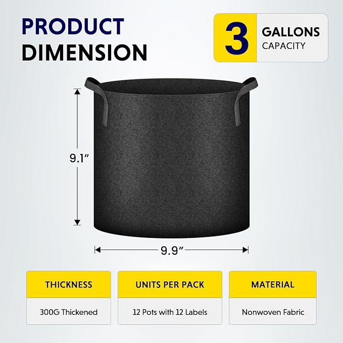 iPower 12-Pack 3 Gallon Grow Bags Heavy Duty Thickened Aeration Nonwoven Fabric Pots with Nylon Handles and 12 Labels for Planting Vegetables, Fruits, Flowers, Black