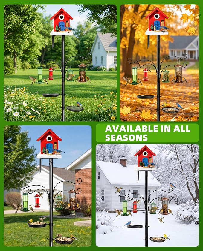 Bird Feeder Pole-92 Inch Heavy Duty Birdhouse Stand with Squirrel Proof Baffle for Outdoor, Adjustable Bird Feeding Station with Multi Shepherds Hooks Mental Trays (Black 9-Claw Base)
