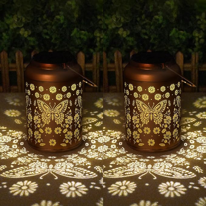 Birthday Gifts for Women Men - 2 Pack Butterfly Solar Lanterns Outdoor Waterproof, Mothers Day Gifts for Mom Grandma, Butterflies Solar Lights Garden Decor, Outdoor Decor for Patio, Yard
