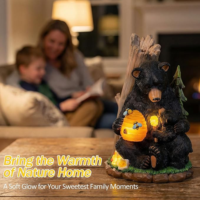 Candieslife Solar Bear Garden Statue with Glowing Beehive & Cub - Outdoor LED Figurine Decor for Patio, Lawn, Yard Art - Unique Birthday Housewarming Gift for Women, Mom, Father
