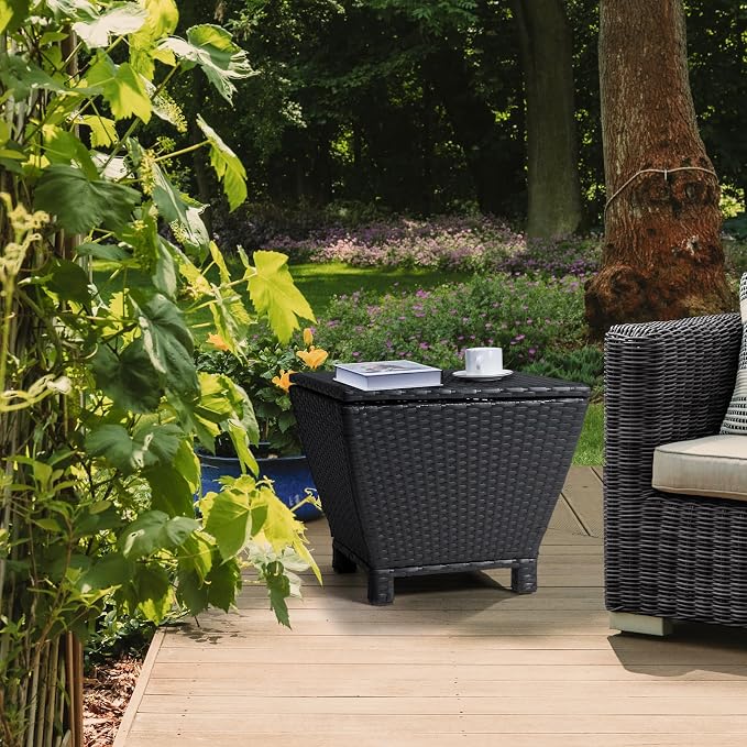 VINGLI Outdoor Side Table with Storage, 13-Gallon Patio Deck Box Outdoor Wicker Side Table for Poolside Balcony Storage Table (Black, Trapezoid)
