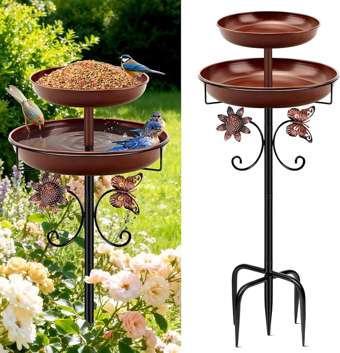 Daoeny Bird Bath for Outside, 42In Vintage Freestanding Birdbaths for Outdoors, Double Metal Bird Bath Feeder Bowls for Garden Patio Yard Lawn Decor, Upgraded 5-Pronged Base (Brown)