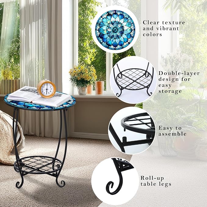 Cinnvoice Outdoor Side Table Round Small Mosaic Patio Accent Indoor End Plant Coffee Tea Table for Yard Patio Porch Garden Living Room, Bedroom(Mandala Style,18 Inch)