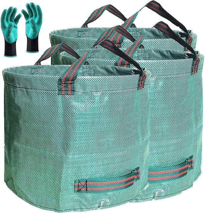 Professional 3-Pack 106 Gallon Large Lawn Garden Bags(D31,H31 inch) Reusable Yard Waste Bags with Gardening Gloves for Leaf Bag,Yard Debris,Garden Pruning,Lawn Weeds Bag,Grass Clippings Bag 4 Handles
