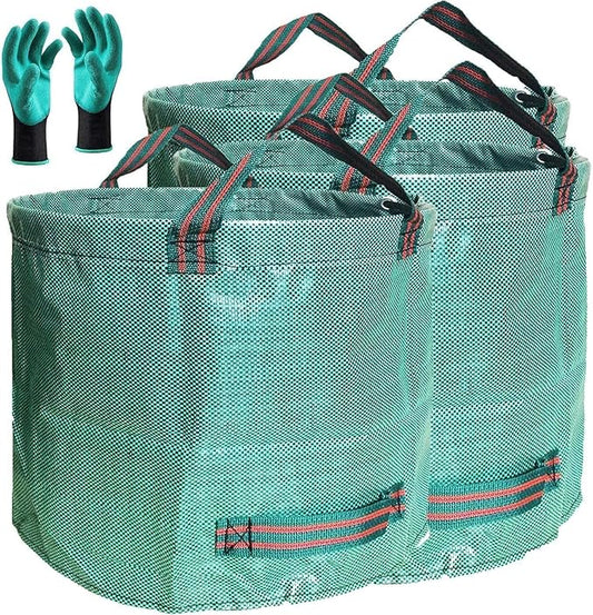 Professional 3-Pack 80 Gallon Lawn Garden Bags (D26, H33 inch) Reusable Yard Waste Bags with Gardening Gloves for Leaf Bag,Garden Pruning,Yard Debris Container,Lawn Weeds,Grass Clippings Bag 4 Handles