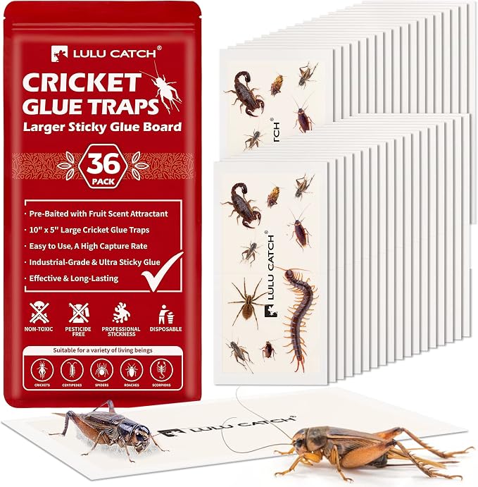 LULUCATCH Cricket Insect Glue Traps - 36 Pack Bug Cockroach Sticky Traps, Large Spider Trap with Pre-Baited Attractant, Highly Effective Glue Boards Indoor, Non-Toxic Pet Safe, Easy to Use