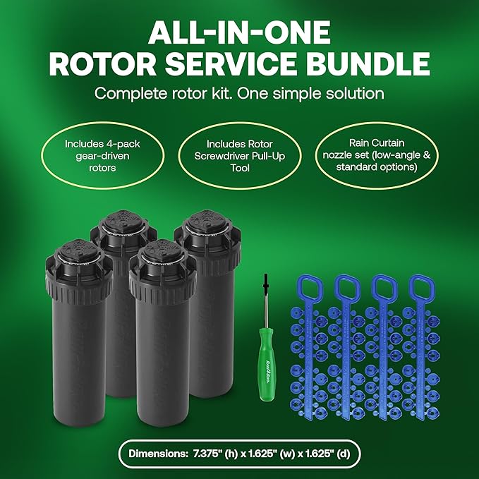 Rain Bird 5000 Rotor with Nozzle Tree 4 Pack (5000RCTREE) + Rotor Screwdriver Tool (CPRTOOL) - 3/4 inch Inlet for Water Efficient 4 inch Pop Up, Adjustable 40 - 360 Degree Arc & 25 - 50 ft Radius