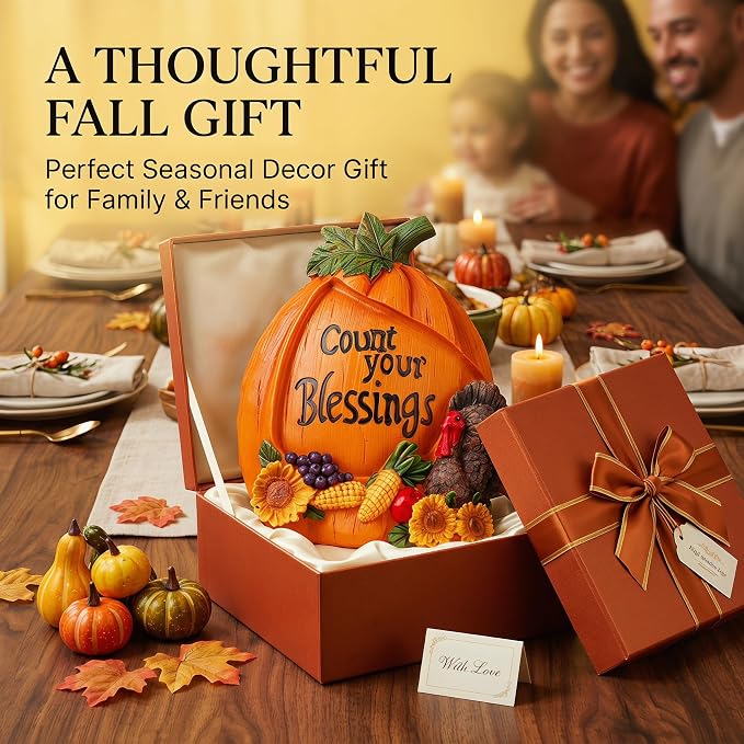Topadorn Thanksgiving Pumpkin Figurine with Count Your Blessings Quote, Harvest Turkey Statue with Sunflowers, Fall Table Decor