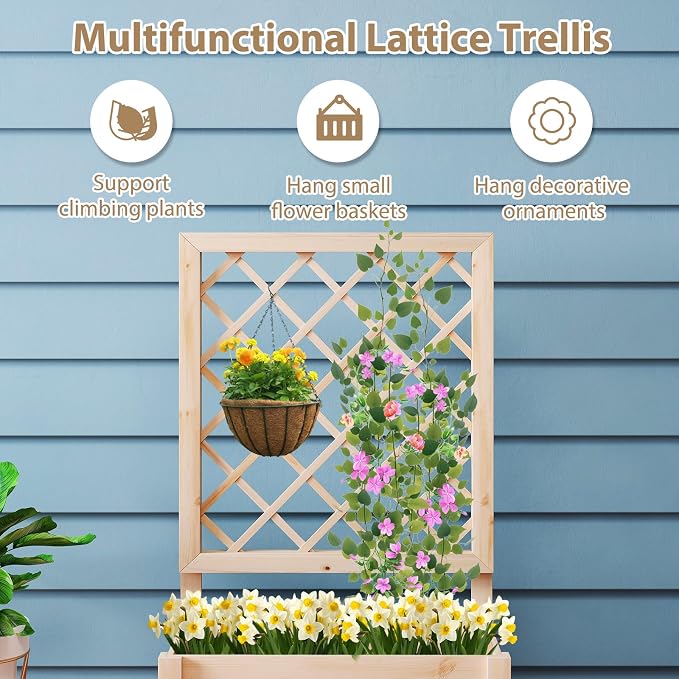 Giantex Raised Garden Bed with Trellis, Wooden Elevated Planter Box for Climbing Plants, Outdoor Garden Planter for Vegetables Flowers Herbs, Patio Balcony Planting Box, 23 x 14 x 40 Inch