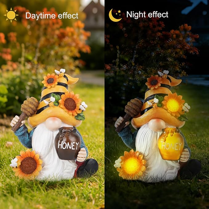 basen Bee Gnome Solar Garden Statue Outdoor Decor, Resin Gnome with Sunflower and Honey Jar, Solar Powered Lighted Yard Lawn Patio Porch Decoration, Waterproof Yard Art