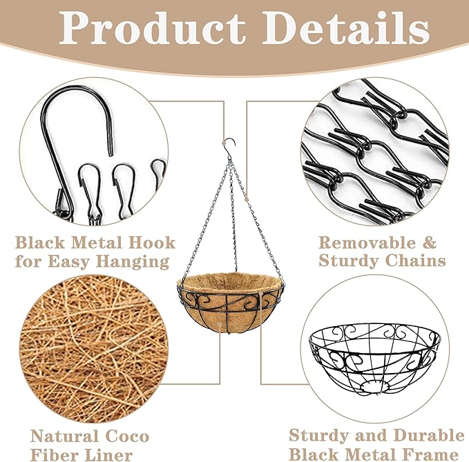 EIMQUVW Outdoor Metal Hanging Planters Basket (4pack, 14 inch) Hanging Baskets for Plants Chain Round Wire Plant Holder with Coco Fiber Liners for Garden, Patio, Deck, Porch(Flower Border)