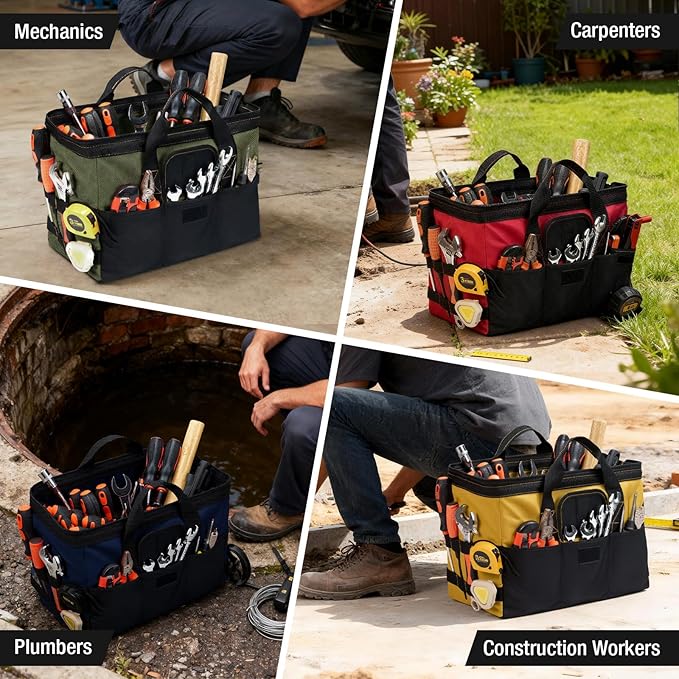 HISEA 3 Pack Heavy Duty Tool Bag with Storage Pockets, 13-Inch Tools Organizer Tote with Wide Base, Waterproof Durable Tool Bags with Zipper for Electrician, Tradesman (Red, Blue, Geen)