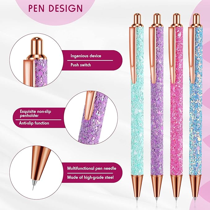 Epakh 4 Piece Air Release Weeding Pen Craft Retractable Adhesive Vinyl Tool Glitter Pin Pen Stainless Steel Weeding Tools for Vinyl for Bubble Removal DIY Craft Project(Glitter Color)
