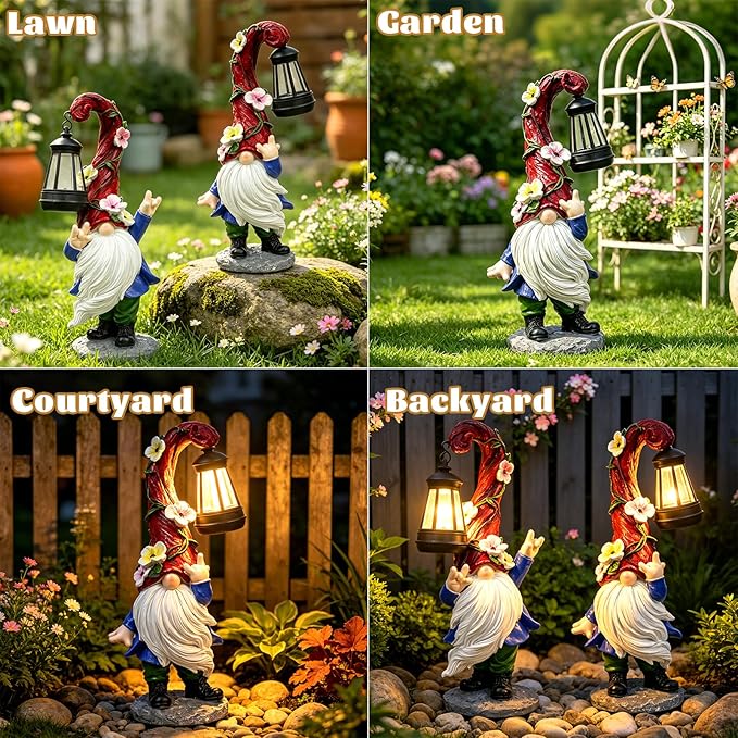 Garden Gnome Statue with Solar Lights 13.7" Garden Sculptures Gnomes Decorations Gnome Outdoor Patio Lawn Yard Balcony Birthday Gift for Mom Grandma(Right Light)