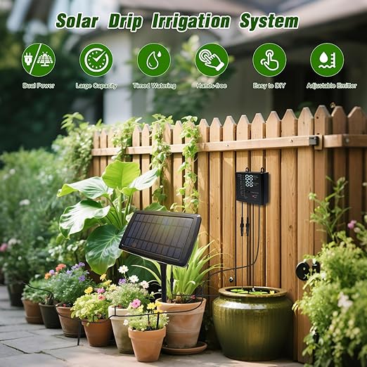Solar Automatic Drip Irrigation Kit System, 12 Timer Settings Garden Irrigation System, Self Watering Devices for Plants, Raised Beds, Greenhouse, Travel, IP44 Waterproof (10 Pots)