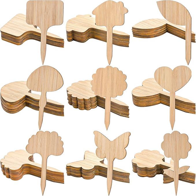 Elsjoy 90 Pack 9 Styles Bamboo Plant Labels, Wood Plant Name Stakes Seedling Label Sticks, Garden Plant Tags for Indoor & Outdoor Plants