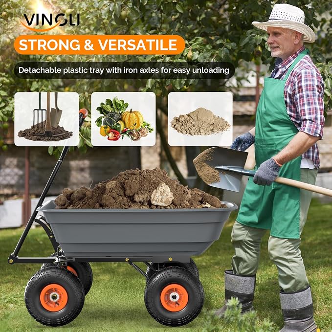 VINGLI Dump Cart Wagon, 600LBS Quick-Release Dump Wheelbarrow, All-Terrain 10" Tires Garden Wagon for Yard, Lawn and Outdoor Use