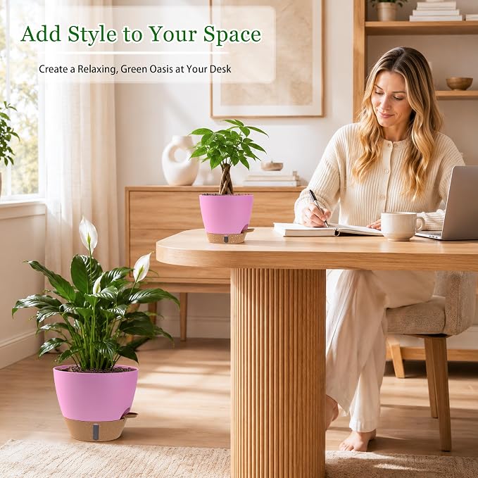 Self Watering Pots for Inoor Ourdoor Plants 10/9/8/7/6.5 Inch Plastic Planters with Drainage Holes & Water Level Indicator, Decorative House Flower Nursery Planting Pots with Saucers (Dusty Rose/Pink)