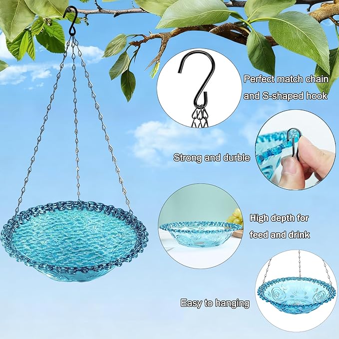 4 Pack Blue Hanging Bird Bath & Feeder, Plastic Water Seed Tray, Outdoor Decor for Wild Birds & Garden Yard