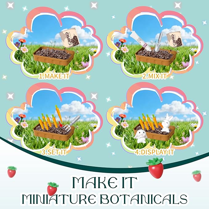 70 Pcs Make It Miniature Brands Nature Garden Plants Set with Wood Display Stand, Mini Botanical Collectibles, Paper Flower Bouquet DIY Craft Kit, Mini Greenhouse Toy Gift for Kids and Adults (Brown)