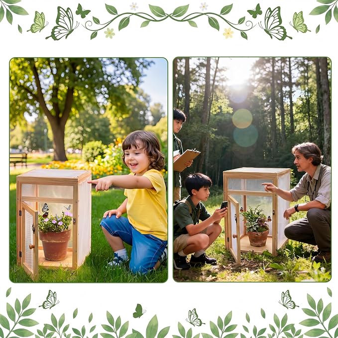 Bucherry Wooden Butterfly Habitat Cage Kit Monarch Caterpillar Enclosure with Mesh Tent & Wood Frame, Detachable Insect Observation House for Kids Outdoor Garden(15.7")