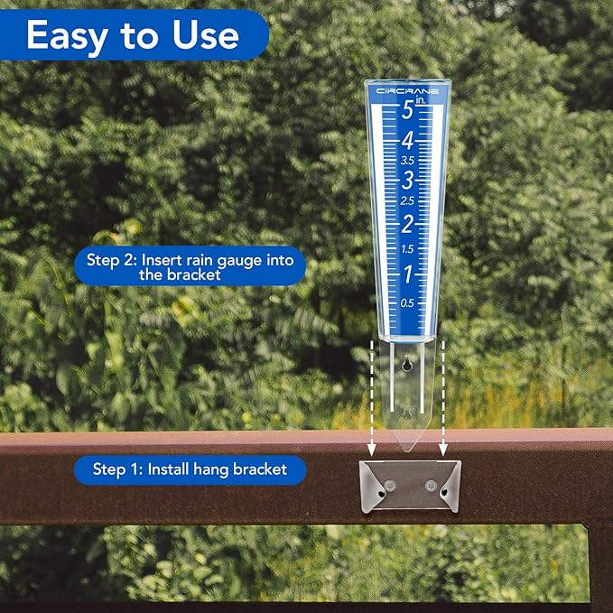 Circrane 5-Inch Capacity Outdoor Rain Gauge with Additional Hang Bracket& Stainless Steel Screws, Magnifying Scale and Numbers Design for Easy Read (Blue)