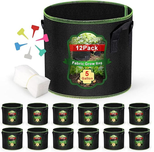 MEKOLIFE 5 Gallon Grow Bags 12 Pack - Thickened Nonwoven Aeration Planter Bags with Handles, Plant Tags & Seedling Bags, Heavy Duty Black Fabric Pots for Vegetable Gardening Garden Outdoor