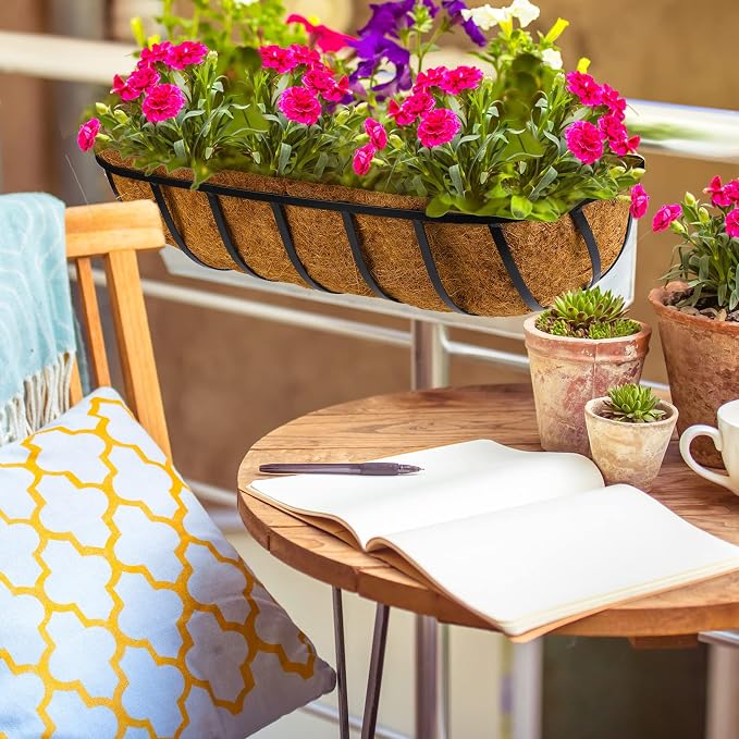 Tessco for you 3 Pieces Railing Planter Boxes, 24 Inches Window Box Planters with Coco Liner and Adjustable Brackets for Deck Porch Fence Patio Balcony Gardening Outdoor Plants