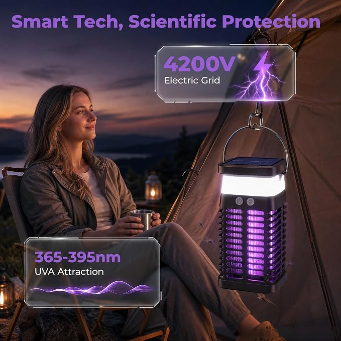 Solar Bug Zapper Outdoor & Indoor, 4200V Electric Mosquito Killer w USB Rechargeable 4000mah Battery, Waterproof Fly Trap for Gnat, Fruit Fly, Moths, Portable Pest Control for Indoor, Outdoor