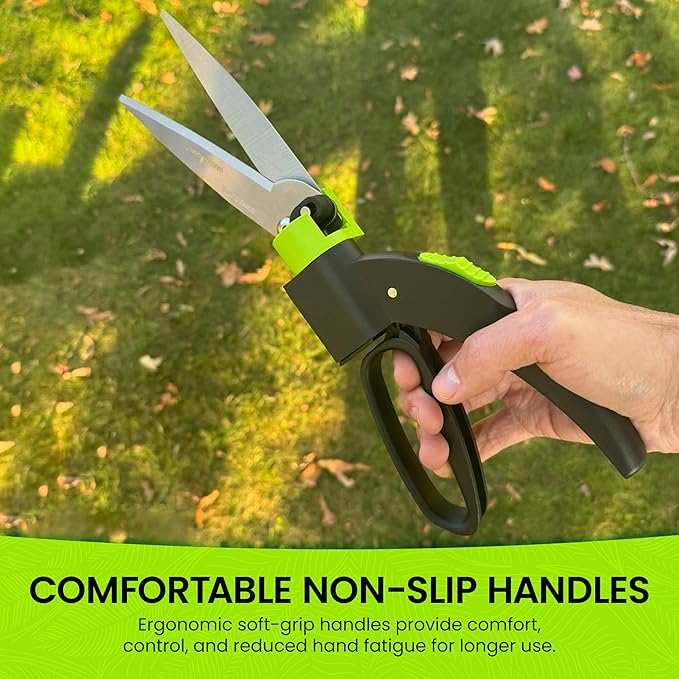 Garden Guru Hand Grass Clipper Scissors 360 Degree Rotatable Cutter Head - Ultra Sharp Stainless Steel Grass Shears - Comfort Grip Handles - Perfect for Edging Lawn, Trimming Shrubs & Flowers (2 Pack)