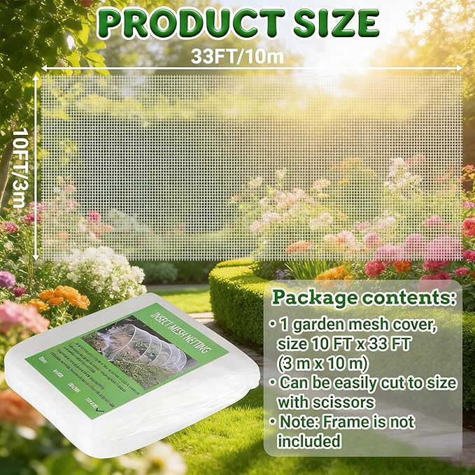 10FT x 33FT Garden Netting Ultra Fine Mesh Netting Plant Cover Insect Bird Netting for Garden Row Cover for Raised Beds/Greenhouse Vegetables Fruits Flowers Trees