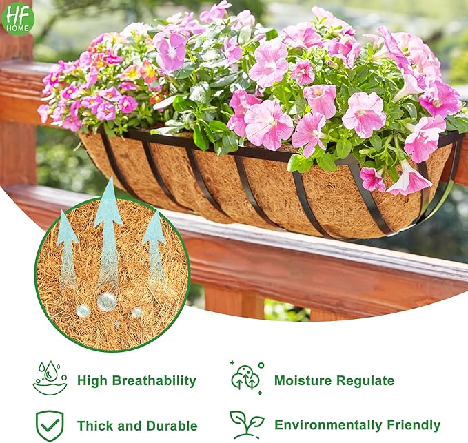 HFHOME 30" Deck Railing Planter Box with Horse Trough Coco Liners, Black Window Box Metal Hanging Flower Planters Baskets for Indoor, Outdoor, Balcony, Porch, Fence, Patio, and Lawn (Set of 2)